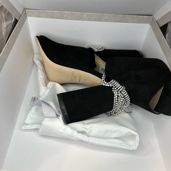 Jimmy Choo Baia 100 mm Black Suede Crystal Drape Mule Heels - Picture 11 of 12